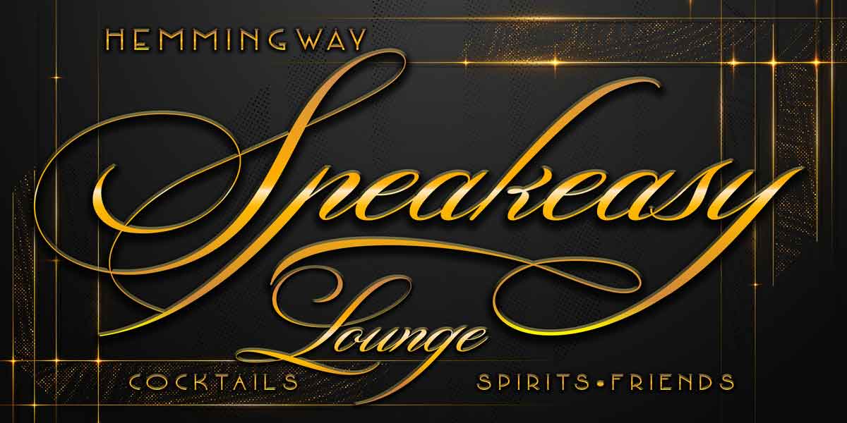speakeasy sign decor on black with gold and the words (family name) speakeasy lounge cocktails and spirits