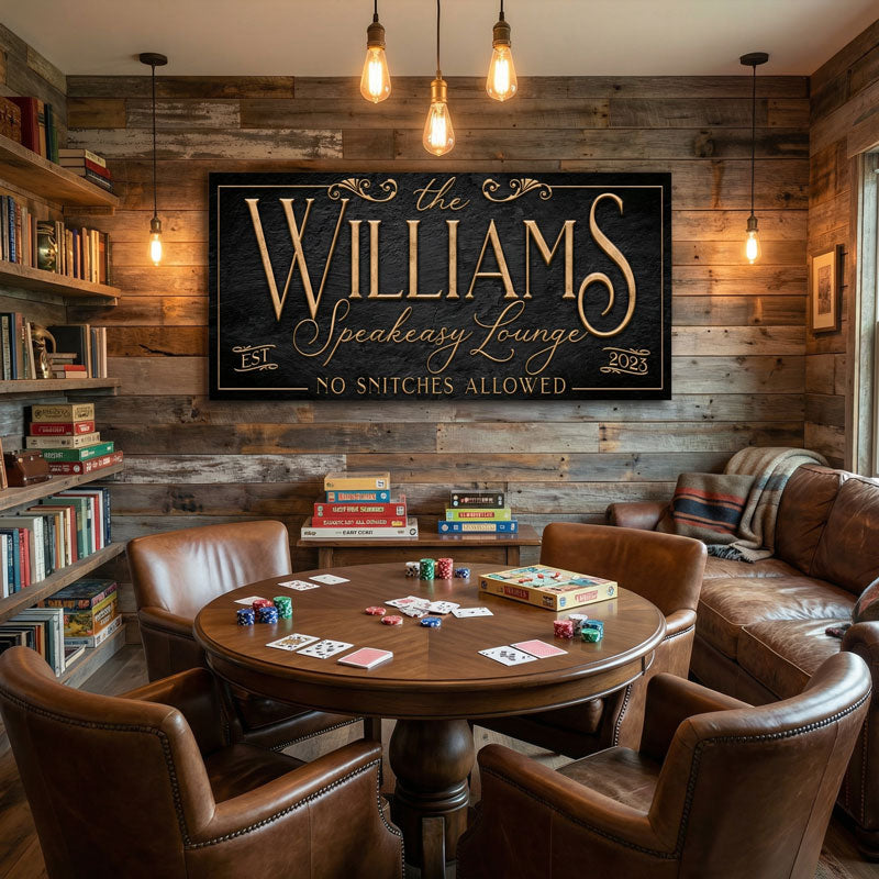 Speakeasy sign with name in a cozy room with wooden walls, a round table with games, and a sign reading 'The Williams Speakeasy Lounge'.