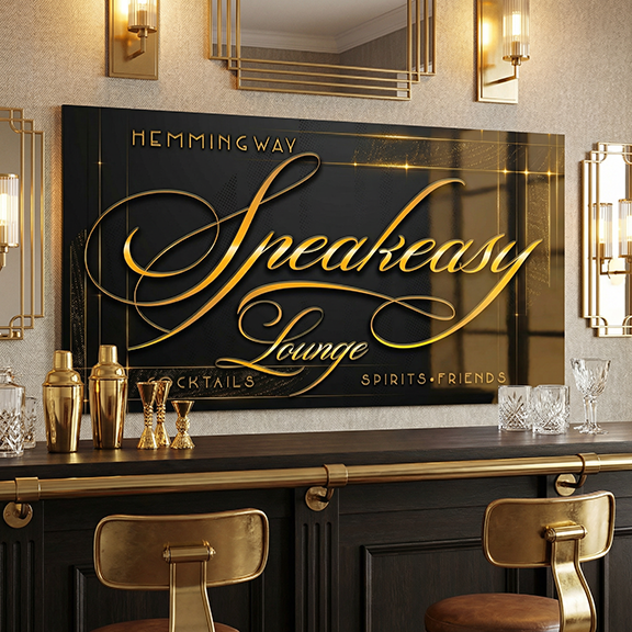 Decorative sign for 'Hemingway Speakeasy Lounge' with bar equipment in a stylish interior.