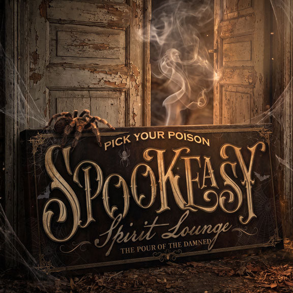 Gold Spookeasy Spirit Lounge Halloween bar sign with aged gold gothic lettering