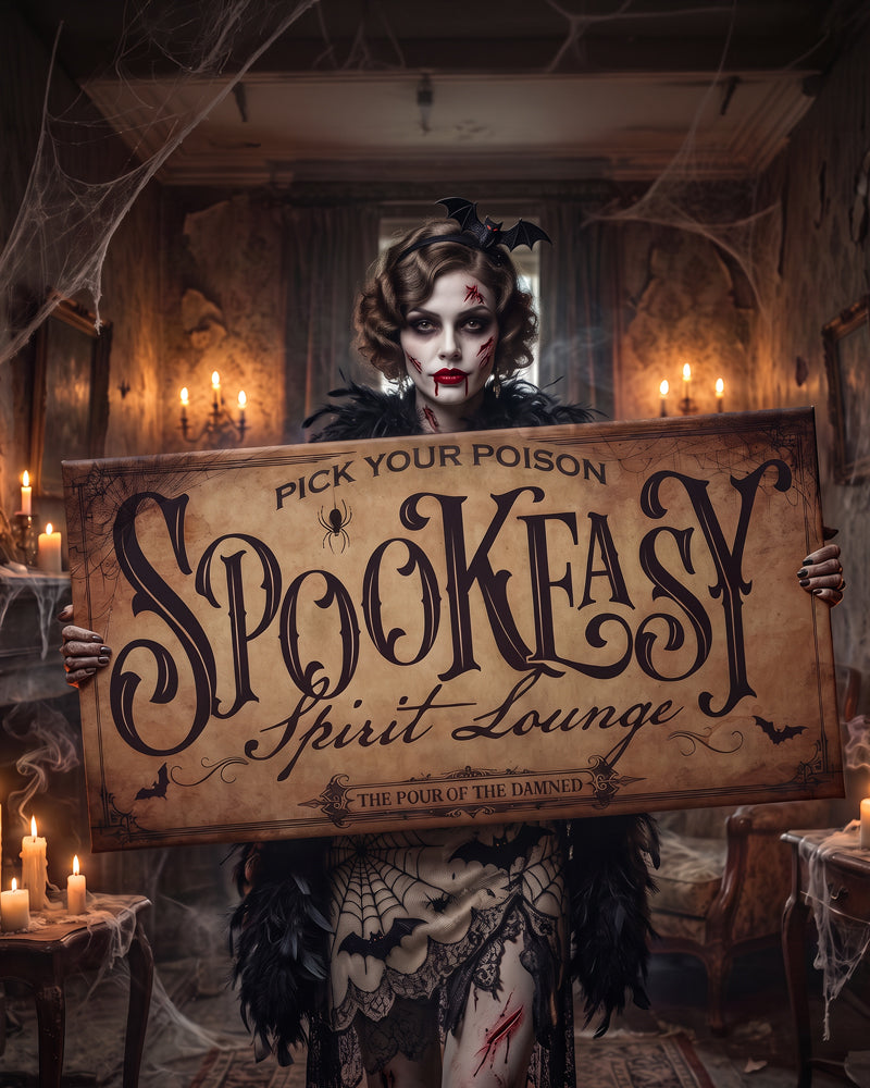 Gothic vampire host holding a Spookeasy Halloween bar sign in a cobwebbed Victorian parlor lit by candles