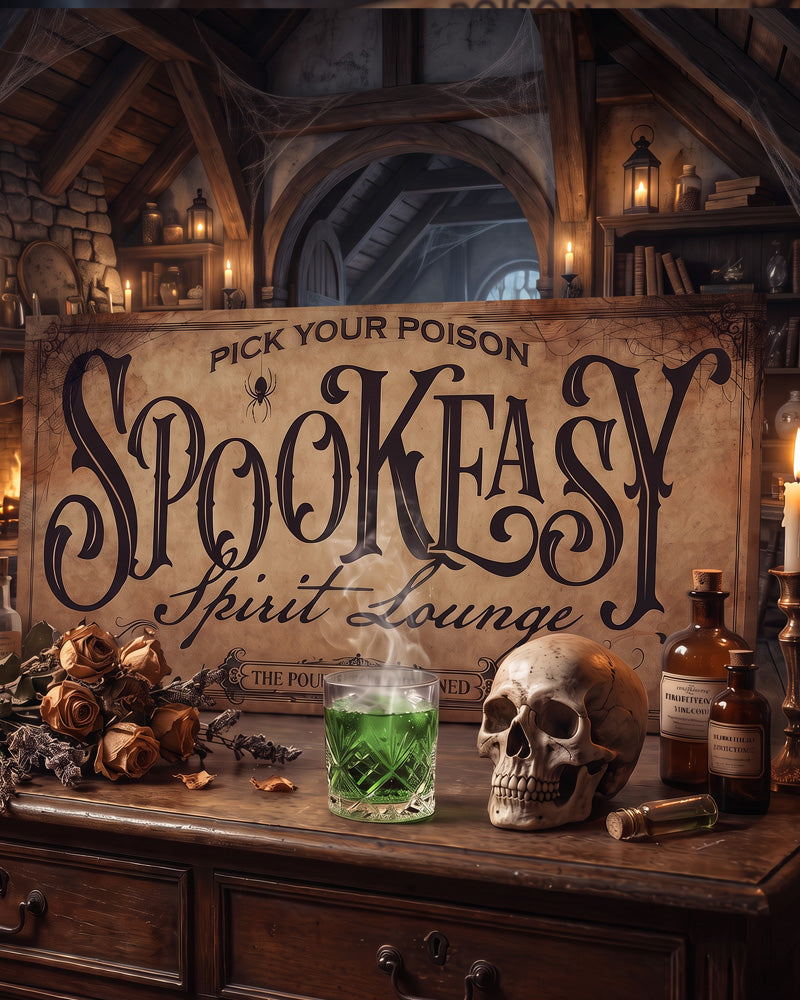 Personalized Spookeasy Halloween bar sign in a cellar with a skull, green absinthe and amber apothecary bottles