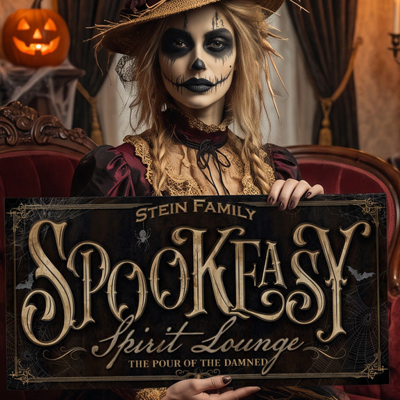 A woman in Halloween costume makeup and a straw hat holds a spookeasy halloween sign reading 'Stein Family Spookeasy Spirit Lounge' in a dimly lit, ornate room with red chairs and a glowing jack-o'-lantern in the background.
