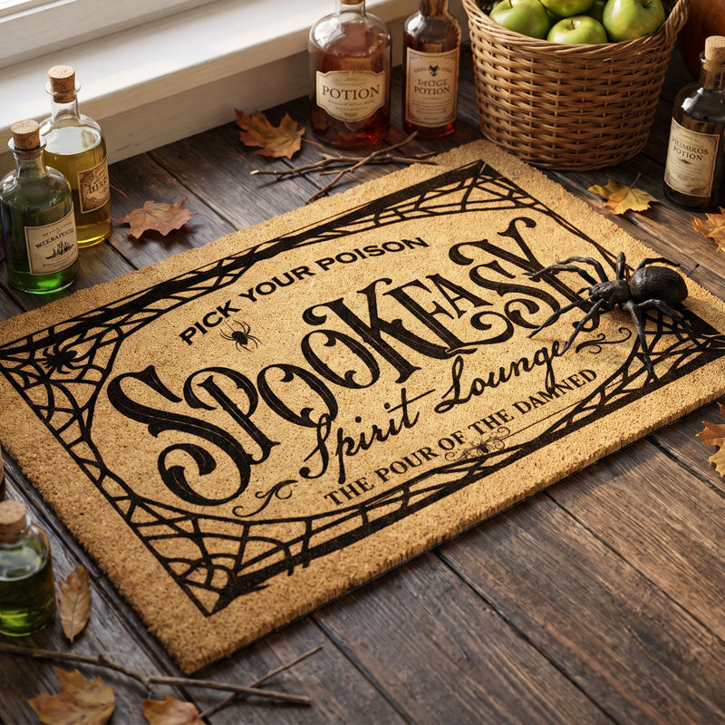 Spookeasy Spirit Lounge halloween door mat flat-lay with potion bottles spider apples and fall leaves