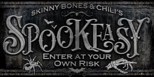 Spookeasy sign with personalization on stone background and personalized.