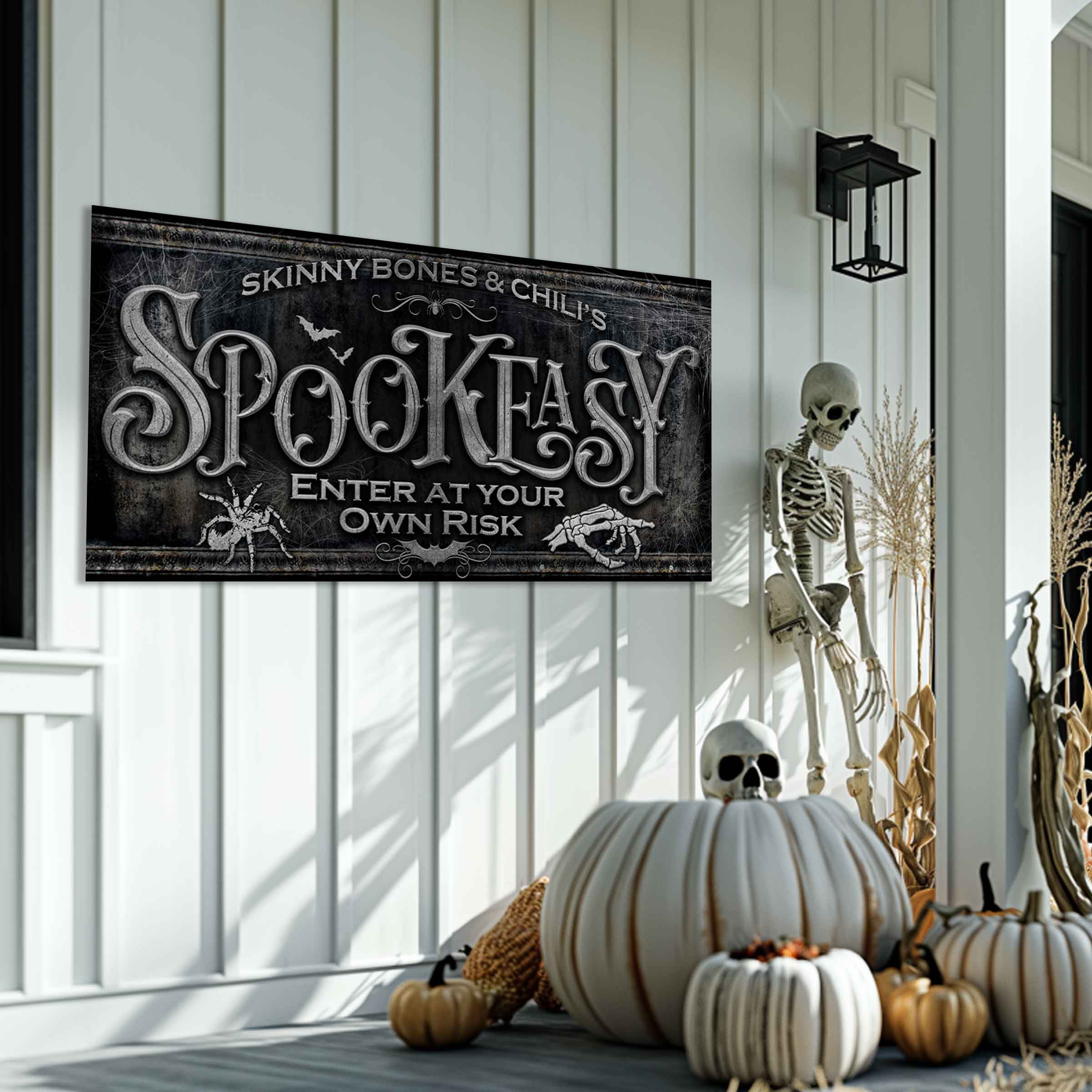 spookeasy sign on dark textured background with the words Spokeasy on the wall of a front porch