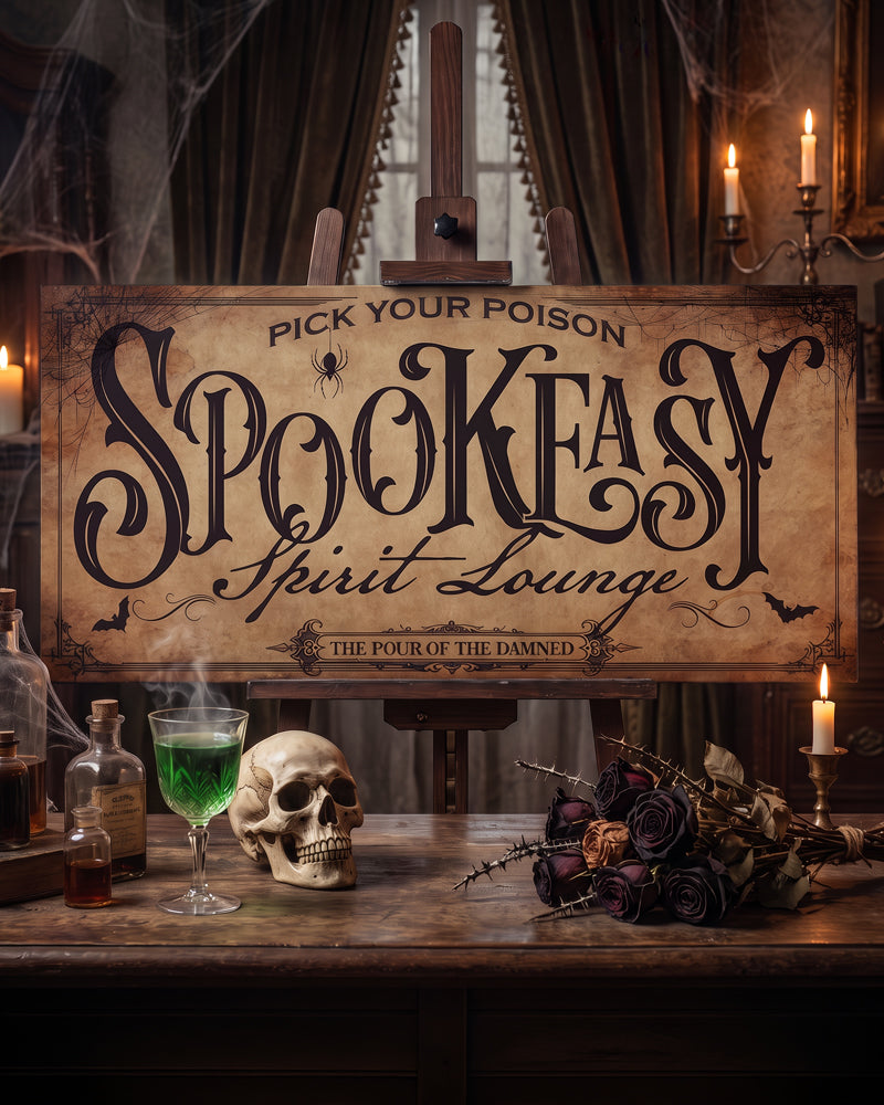 Spookeasy gothic bar sign on an easel with a skull, green absinthe and black roses on a dark wood table