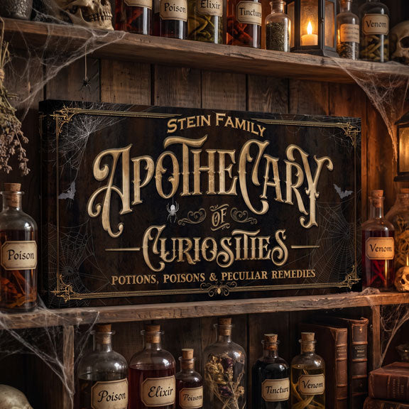 Spooky apothecary sign, haunted apothecary halloween wall decor on a cobwebbed shelf with candlelight