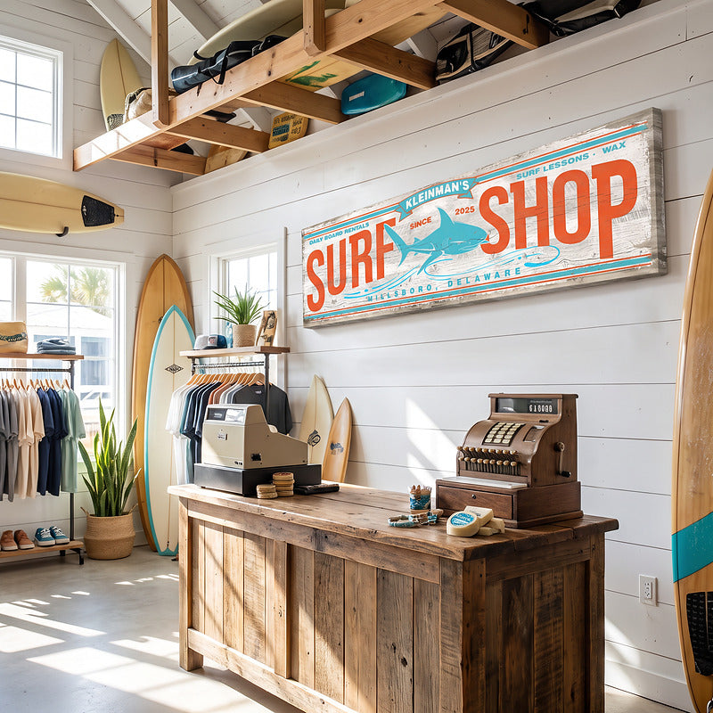 Surf wall art sign on white shiplap in a surf shop with a vintage register and surfboard racks