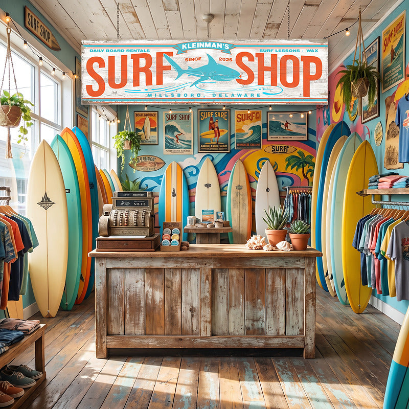 Surfboard wall art sign hanging in a surf shop above a bright wall of stacked surfboards
