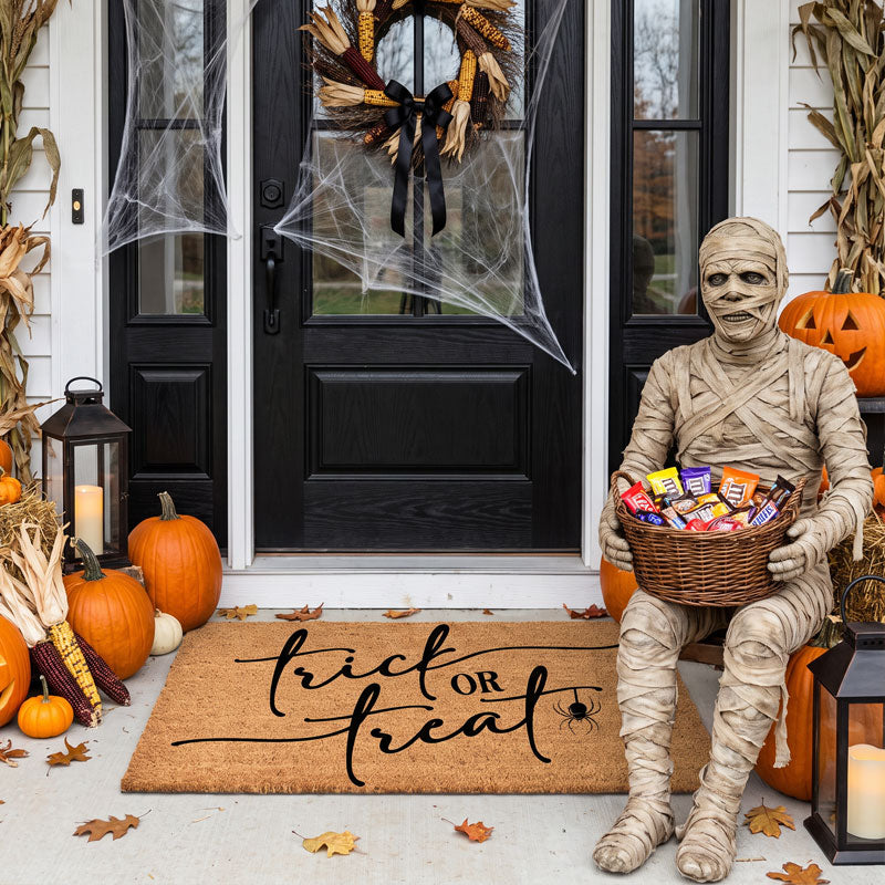 Trick or Treat halloween door mat at black front door with corn stalks pumpkins and mummy figure