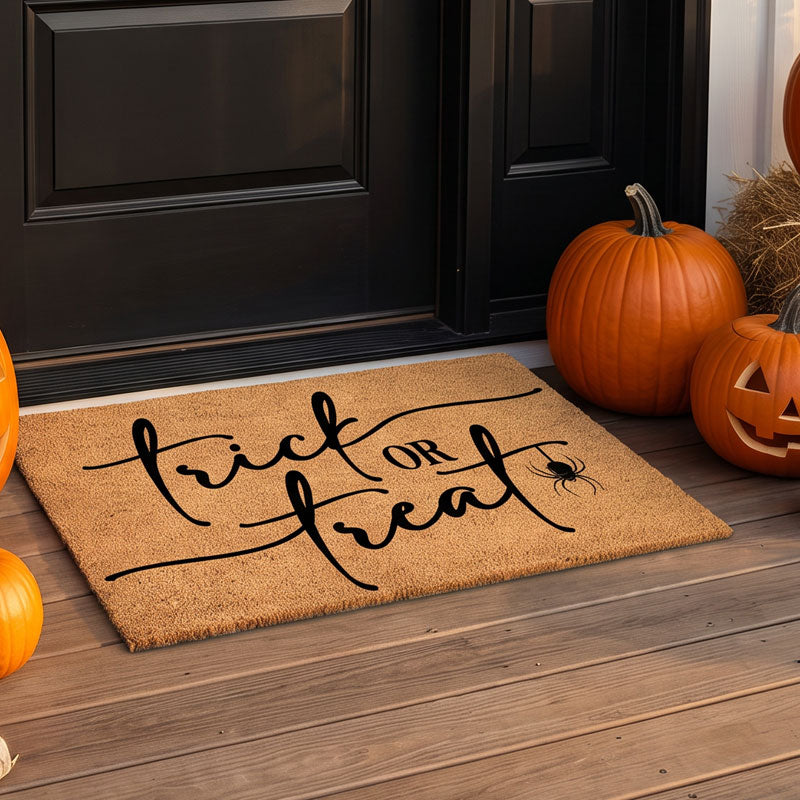 Trick or Treat halloween door mat at black front door with orange pumpkins and jack-o-lantern