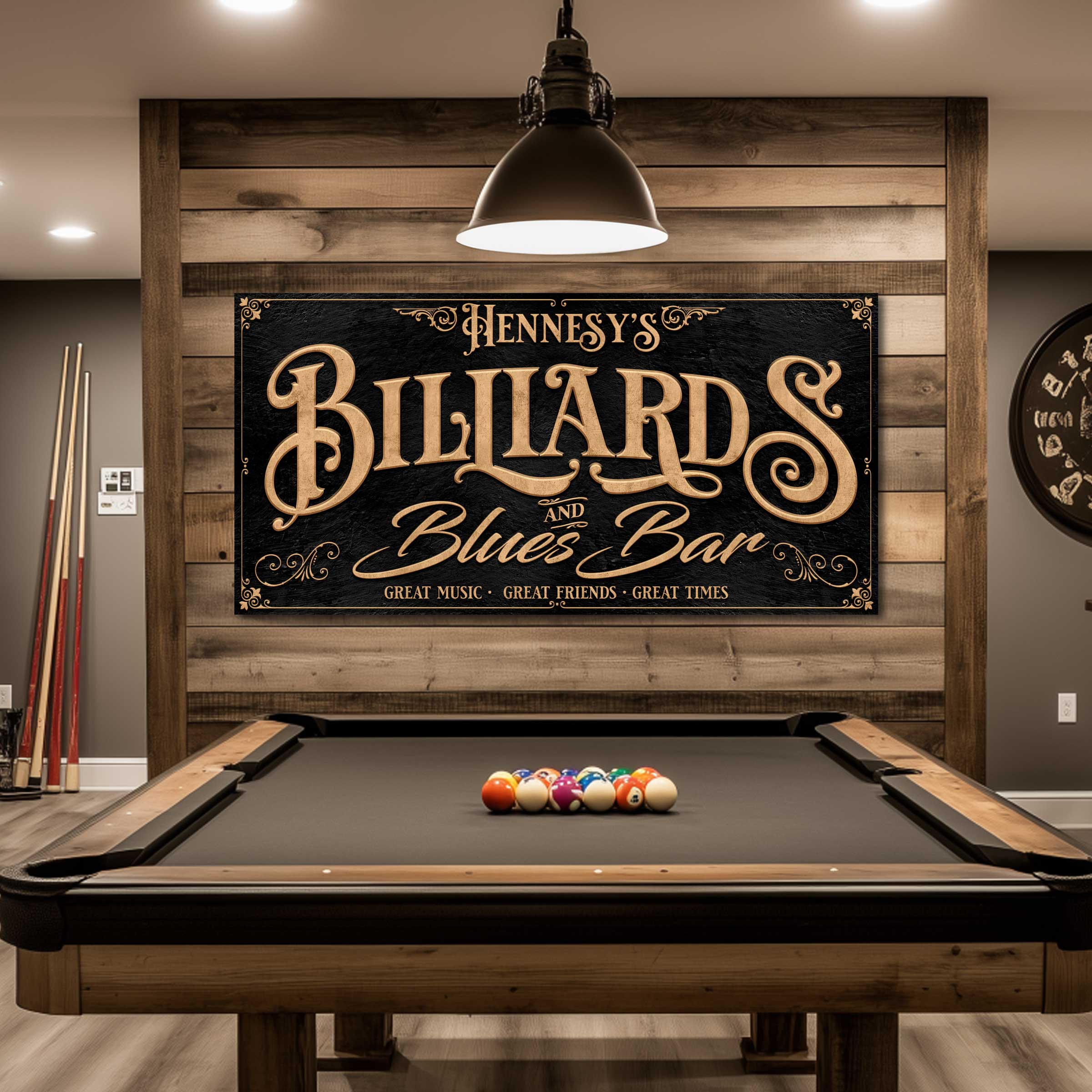 tailor made pool hall sign in gold and black that says Billiards and Blues Bar