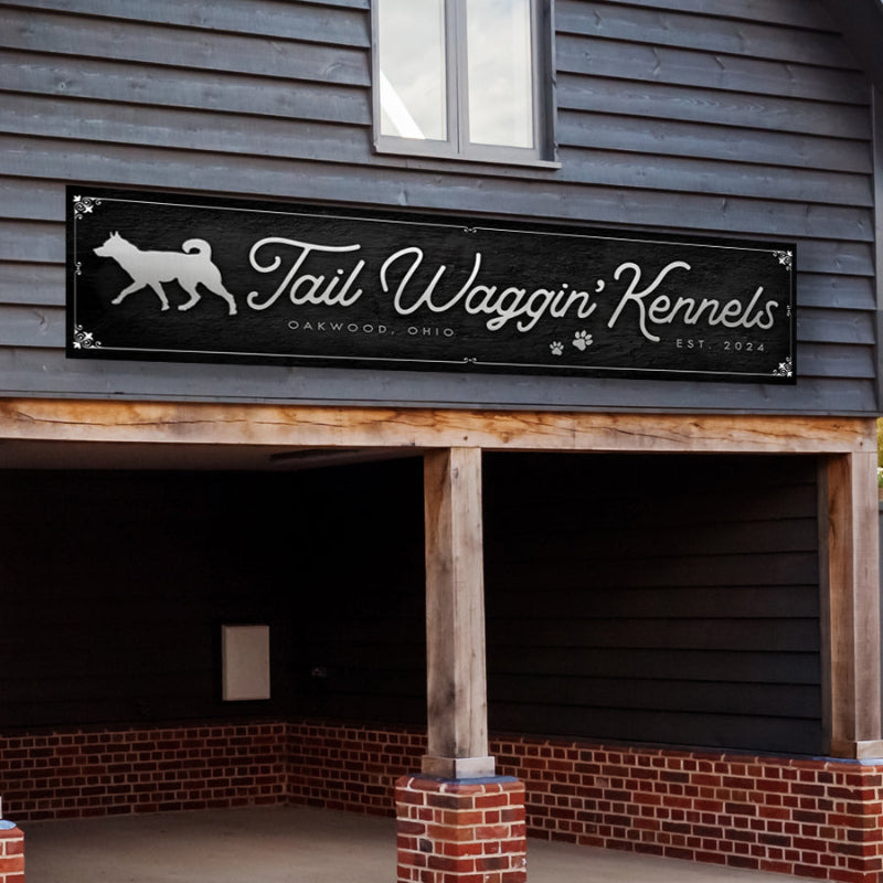 tailor made rooms business sign on black textured background with silver writing - Tail Waggin' kennels
