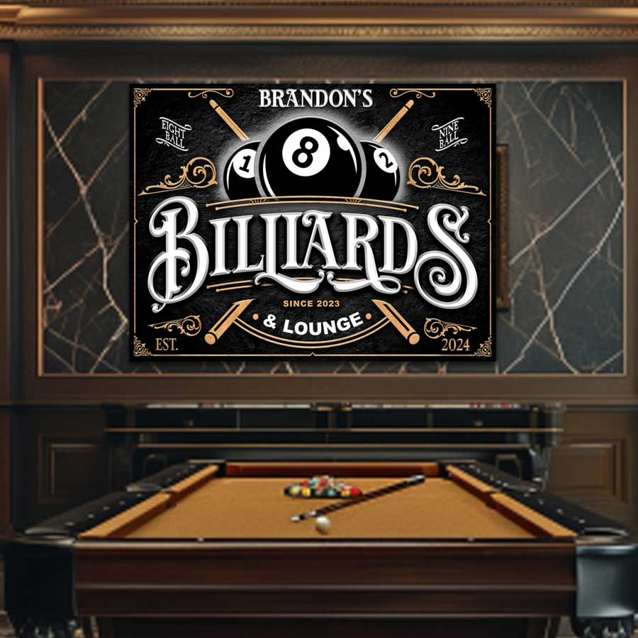 tailor made rooms billiards decor on black textured background with 8 ball and the words Billiards and Lounge personalized