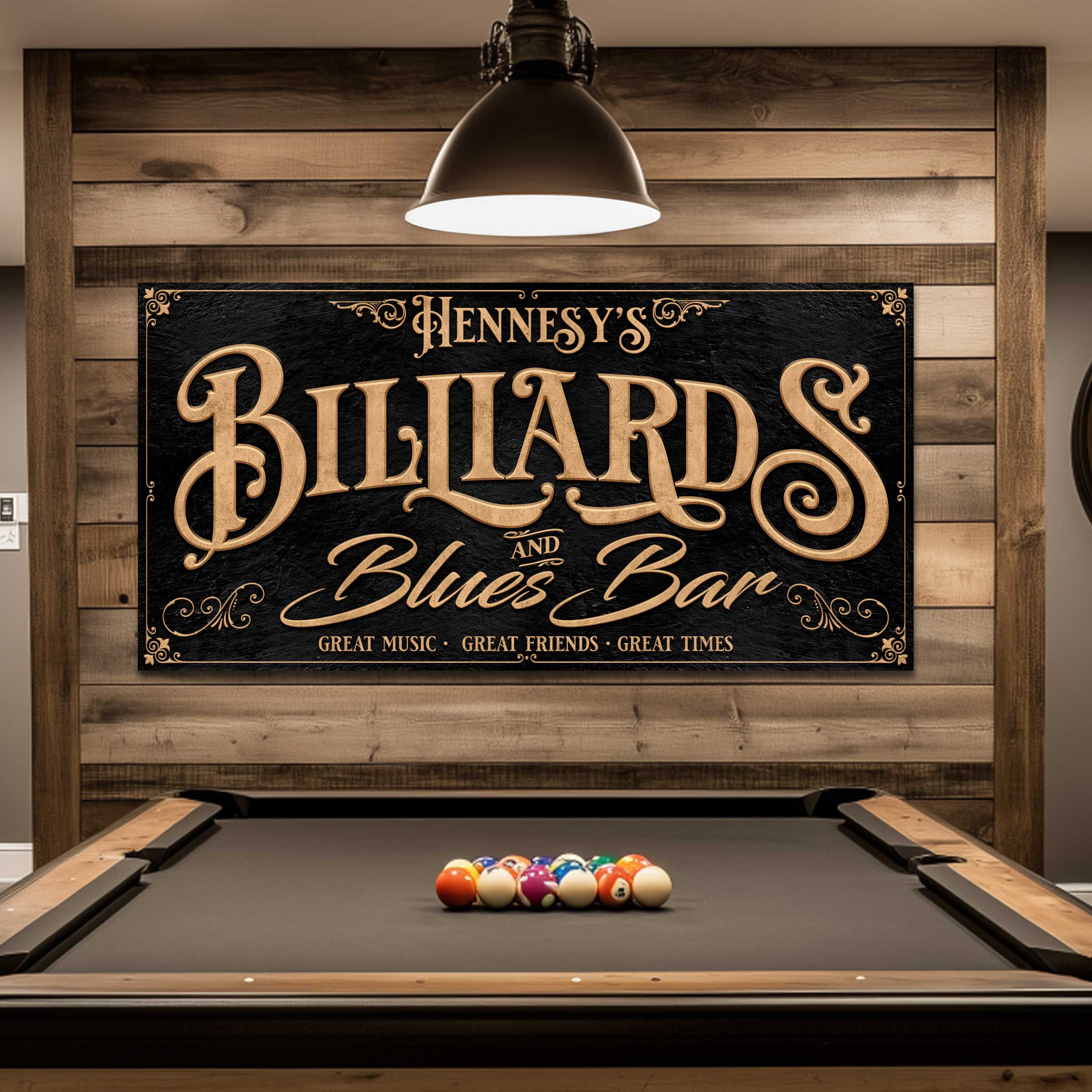 tailor made rooms Billiards Room decor custom order sign with the words Billiards and Blues Bar