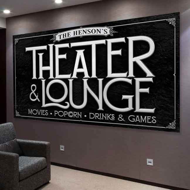 Tailor Made Rooms Theater sign and Personalized Theater & Lounge Sign -  in black with silver lettering and family name with words Theaters & Lounge.