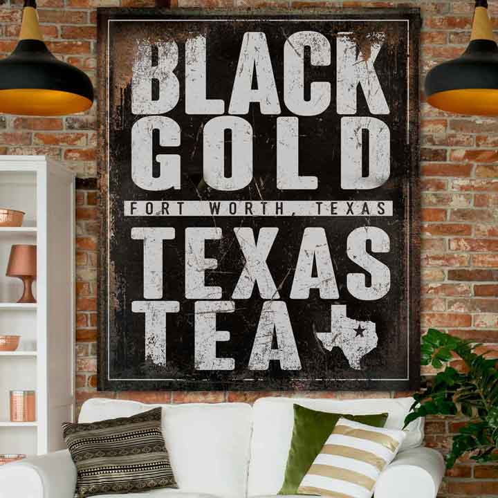 Texas Art Black Gold Texas Tea Fort Worth Texas , on black distressed background 