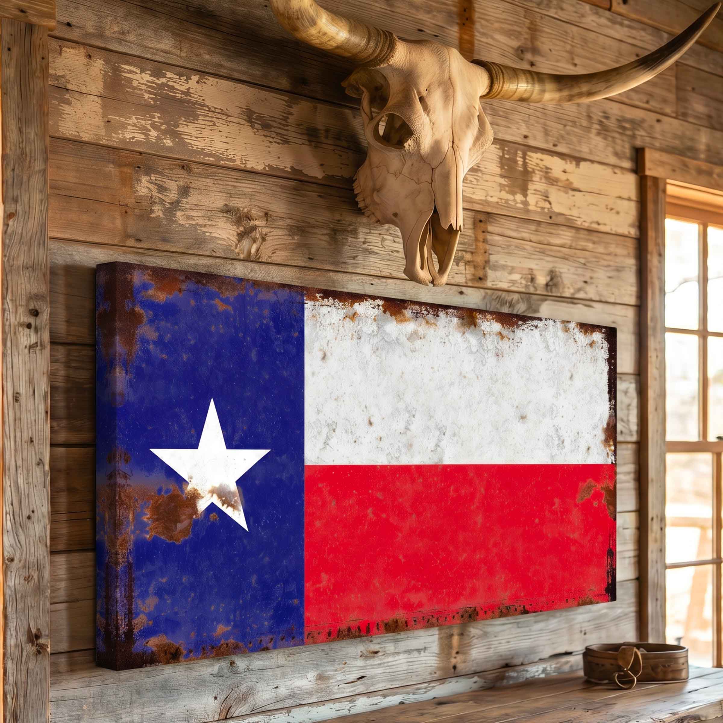 A rustic canvas wall art print featuring a distressed Texas flag with rust effects, mounted on a wooden wall below a mounted bull skull.