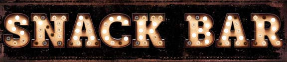 Theater room decor snack bar sign on black distressed background with the words Snack Bar in faux marquee lights