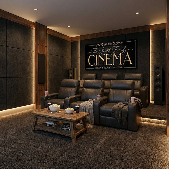 theater room decor accessories setup with leather recliner seats, wooden coffee table, and personalized sign on the wall.