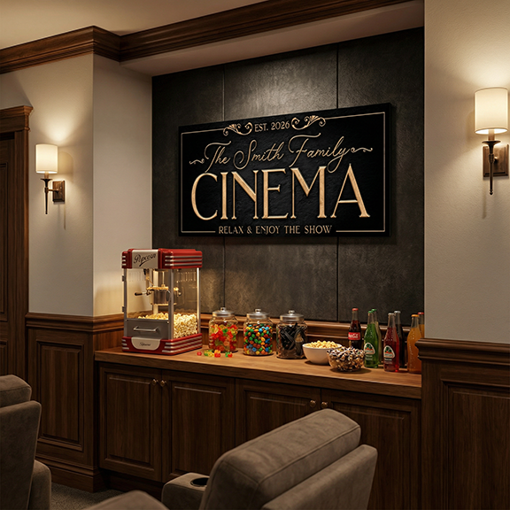 Home cinema theater room decor setup with popcorn machine, snacks, and personalized sign on the wall.
