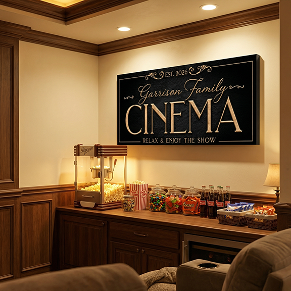 Home theater room decor setup with 'Garrison Family Cinema' sign, popcorn machine, and snacks.