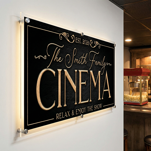 Personalized theater room sign with 'The Smith Family Cinema' on a wall.