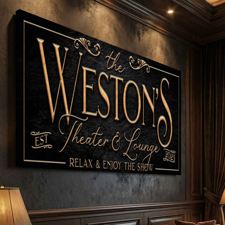 Decorative theater room sign for 'The Weston's Theater & Lounge' on a wall.