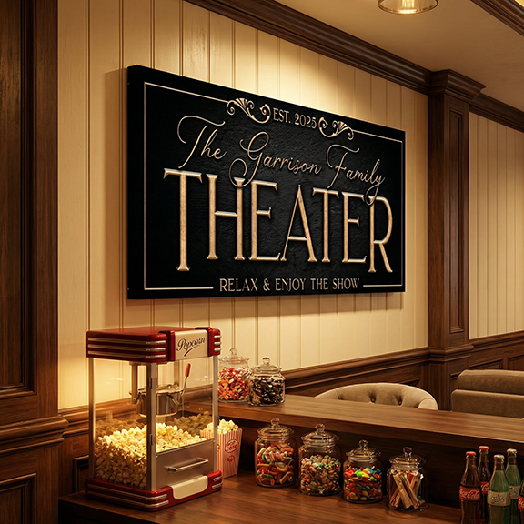 Decorative theater room sign for 'The Garrison Family Theater' with popcorn machine and candy jars in a home theater setting. canvas-home-theater-sign