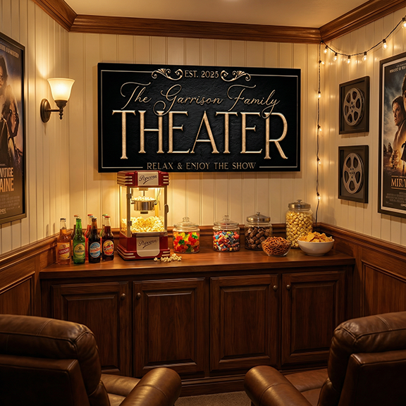 Home theater room wall decor setup with concession stand, movie posters, and decorative lights.