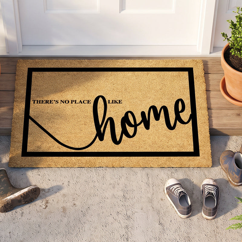 There's No Place Like Home doormat in black on natural coir at a white door with boots and sneakers