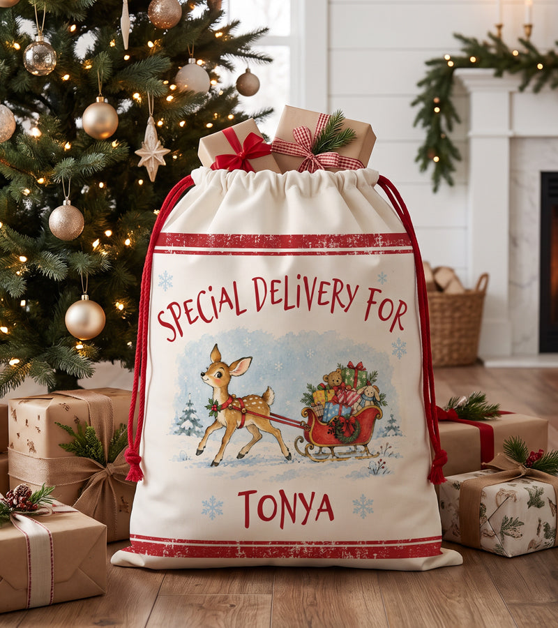 Toddler Santa sack personalized with a name, soft watercolour reindeer print, beside a Christmas tree and wrapped gifts