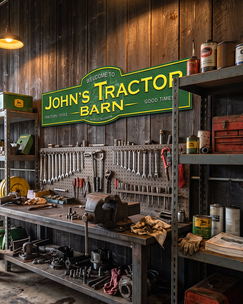 Green and yellow tractor barn sign above a workbench and pegboard in a rustic farm workshop