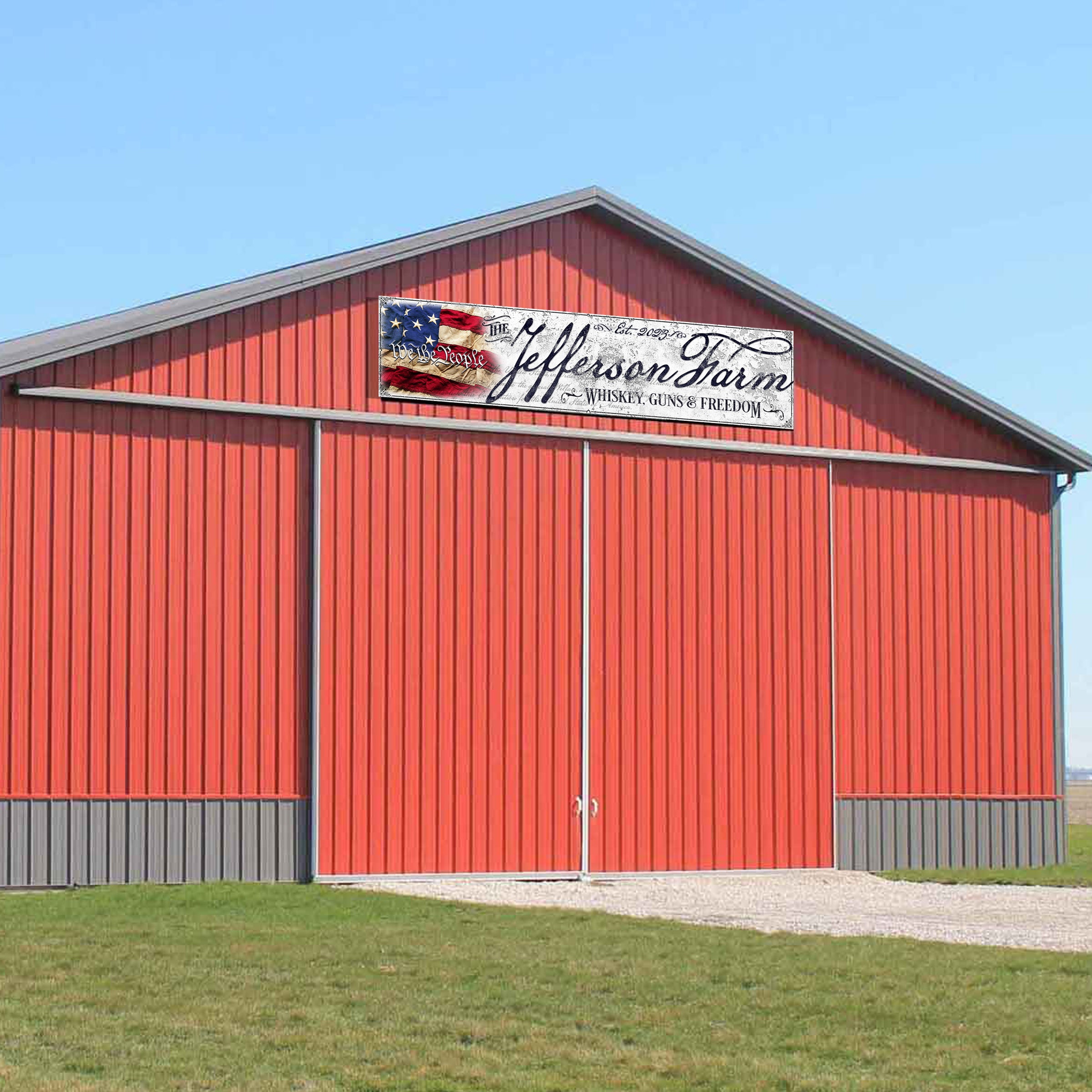 us flag decor on a red barn with white distressed background and we the people print