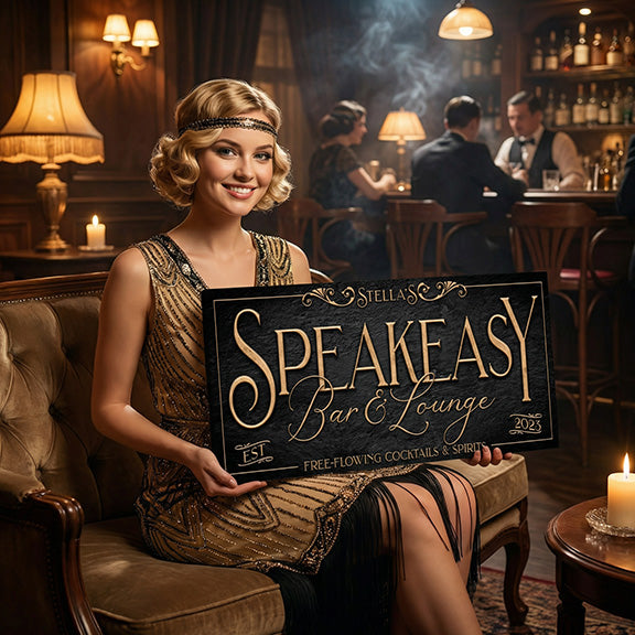 Woman in a vintage dress holding a vintage bar sign for a Speakeasy Bar & Lounge'  in a dimly lit bar.