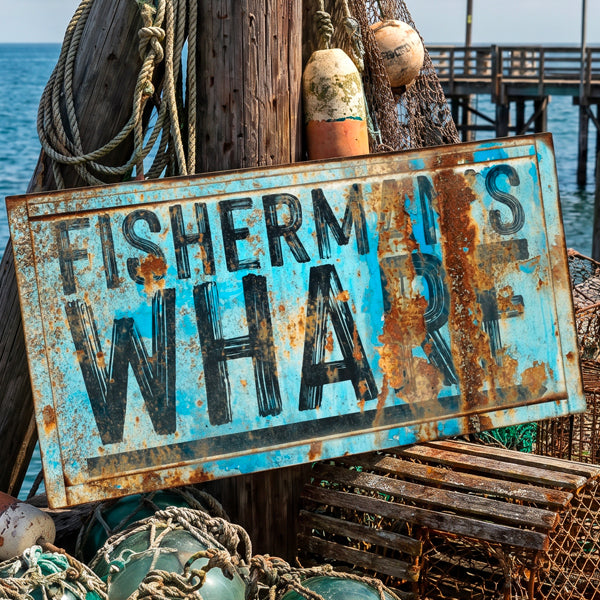 A vintage beach wall art sign reading “FISHERMAN’S WHARF” in large black letters over a distressed turquoise-blue background, leaning against a wooden dock post with ropes, buoys, and fishing gear in the foreground. Ocean water and a pier are visible behind it.
