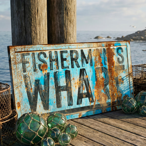 vintage coastal wall art reading “FISHERMAN’S WHARF” with distressed blue paint and orange rust, leaning on a wooden dock with ocean water and rocks in the background. Green fishing buoys are placed around it.