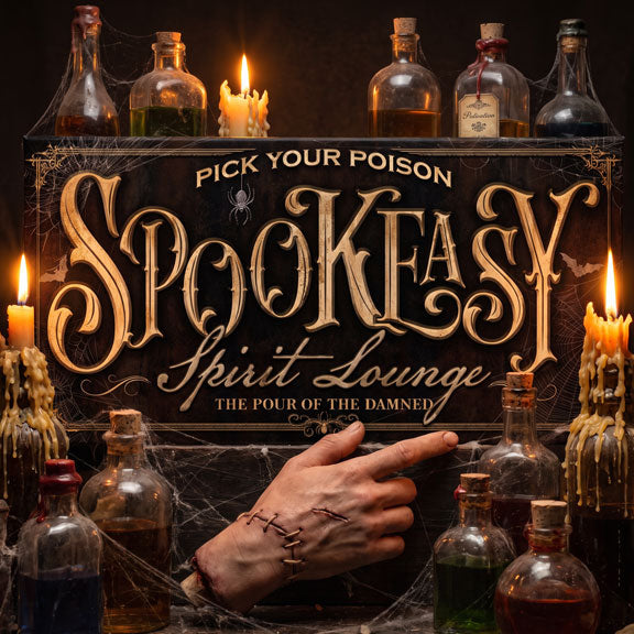 Vintage gold speakeasy Halloween bar sign with potion bottles cobwebs and a stitched hand