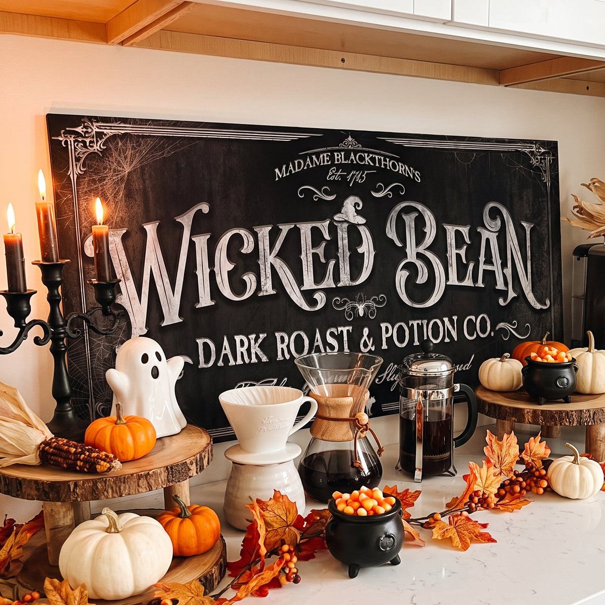 Vintage Halloween coffee sign in candlelight with a ghost figure, cauldrons, autumn leaves and a pour over coffee set