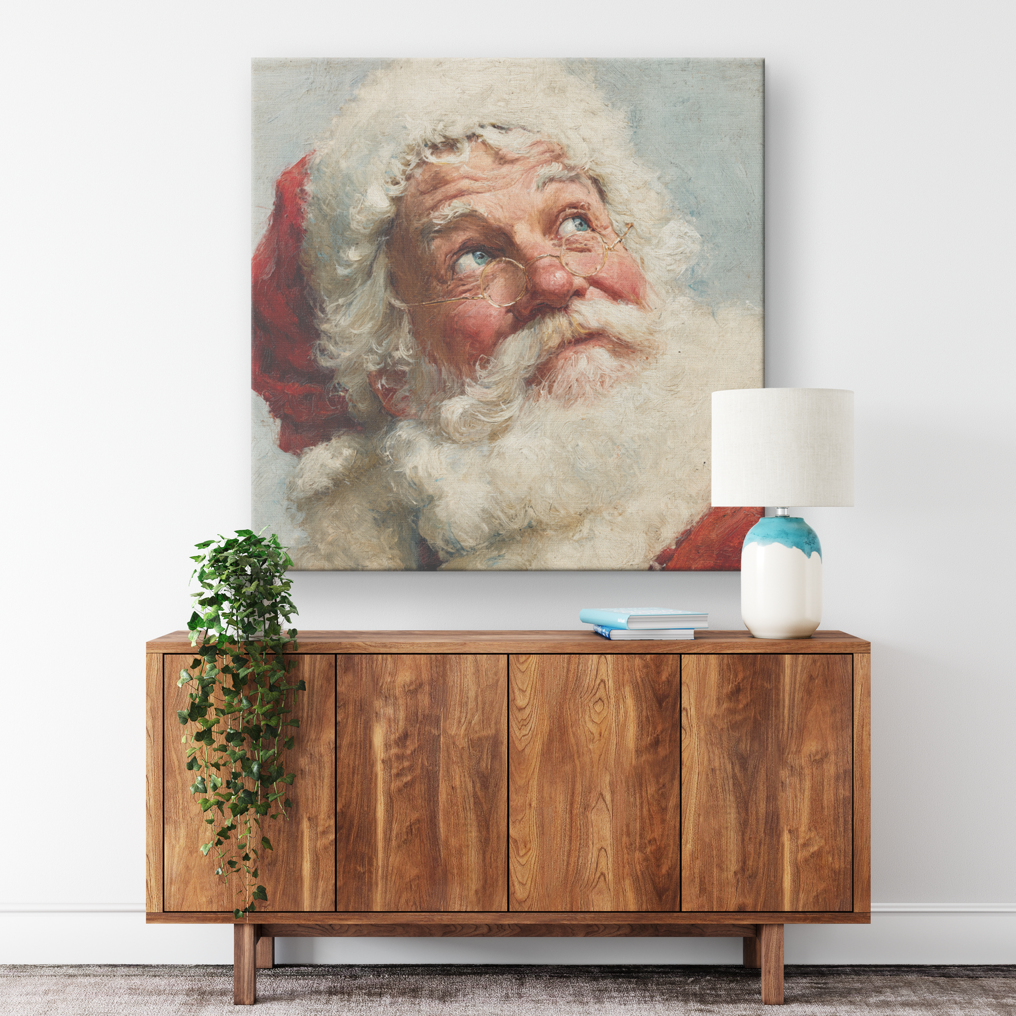 vintage santa art decor looking up at night sky