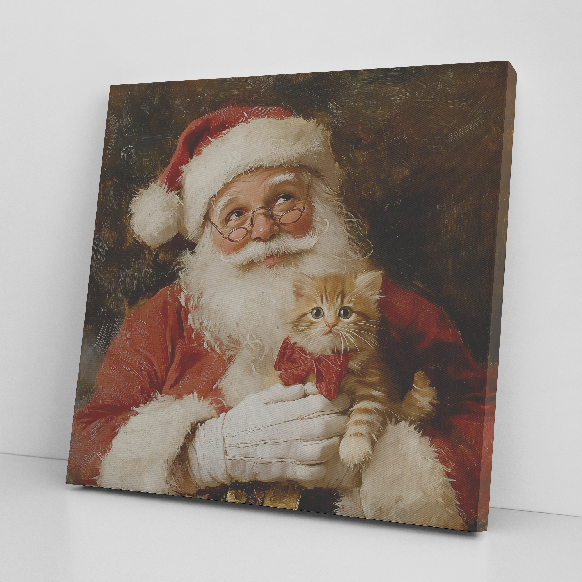 Vintage santa art holding kitten on dark background canvas print