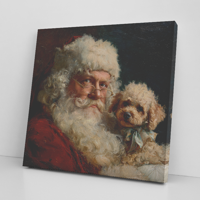 Old‑world Santa art featuring Toy Poodle
