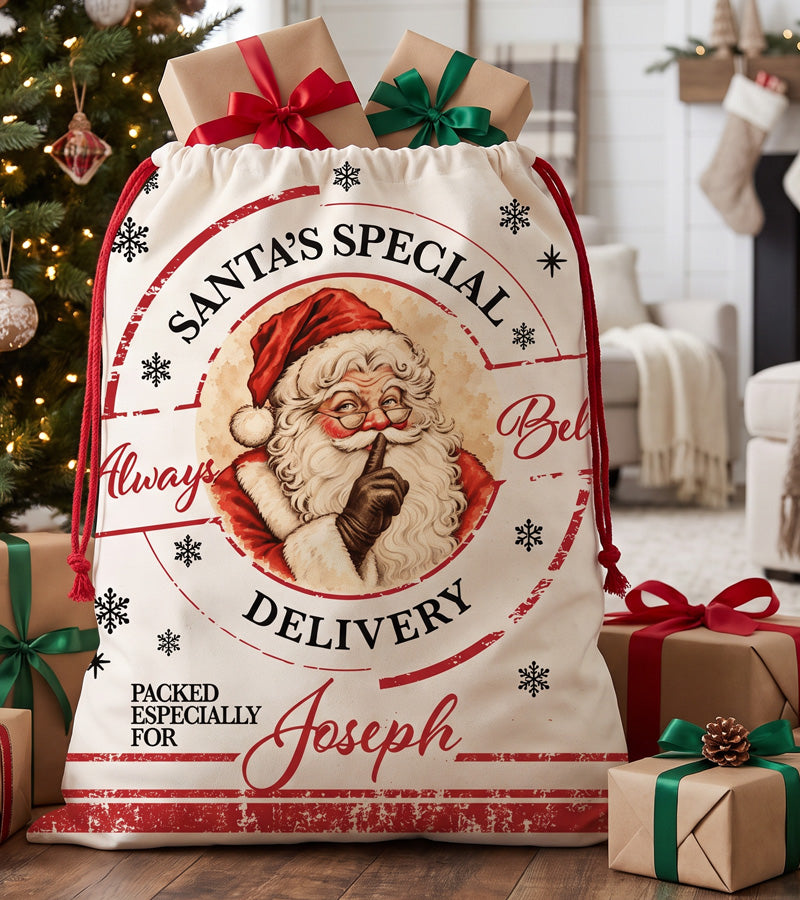 Personalized Santa sack with a hand painted vintage Santa Claus holding a finger to his lips