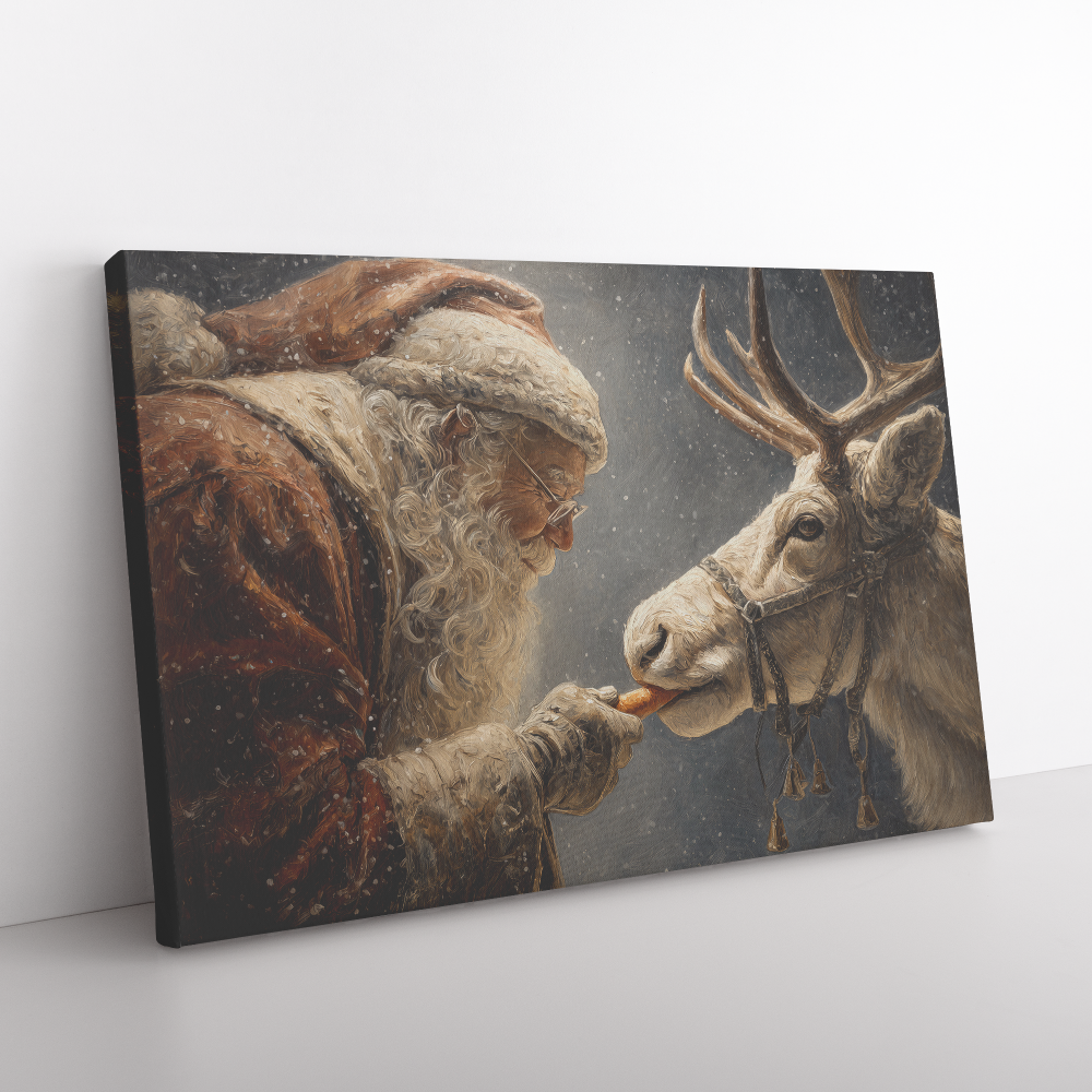 Vintage Santa Feeding reindeer a carrot on canvas.
