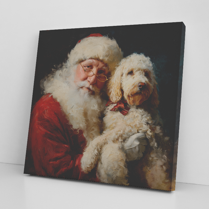 Vintage Santa holding a Goldendoodle — classic canvas portrait