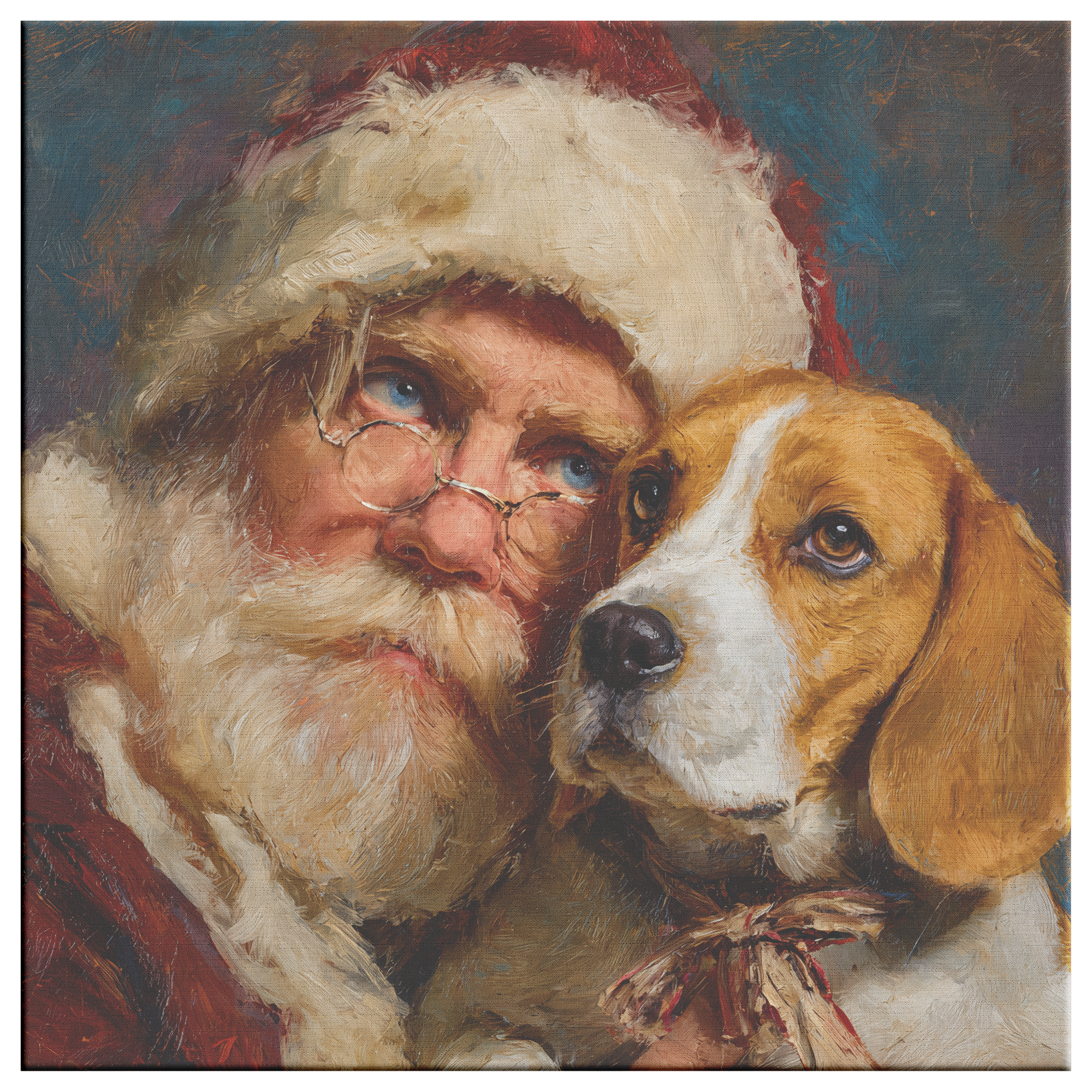 Vintage Santa holding a Beagle—holiday canvas portrait