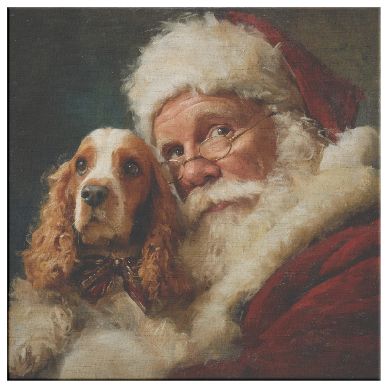 Vintage Santa holding a Cocker Spaniel—canvas portrait