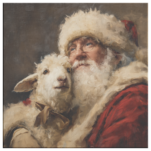 Vintage Santa holding a Lamb—canvas portrait