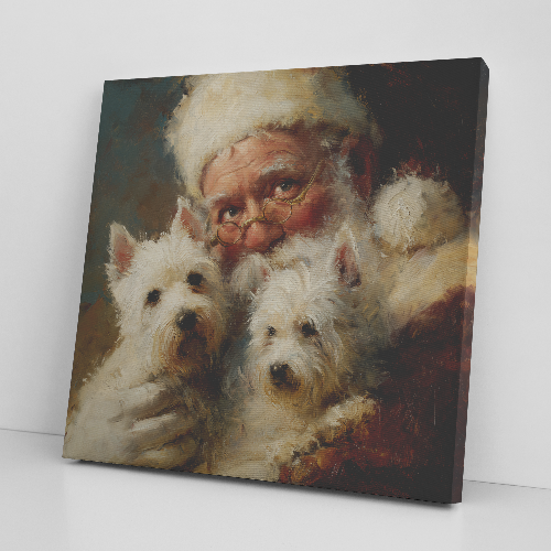 Santa with West Highland White Terrier, classic Santa Art